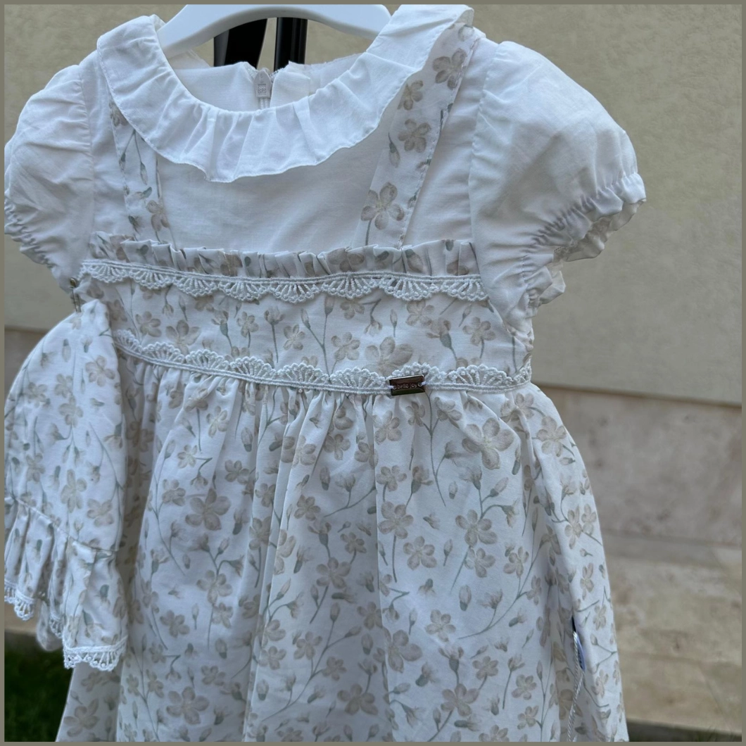 Rochiță cu Pălărie Fetițe - Organza Bej, Bumbac Organic, Floral, Jupă Tulle [5]