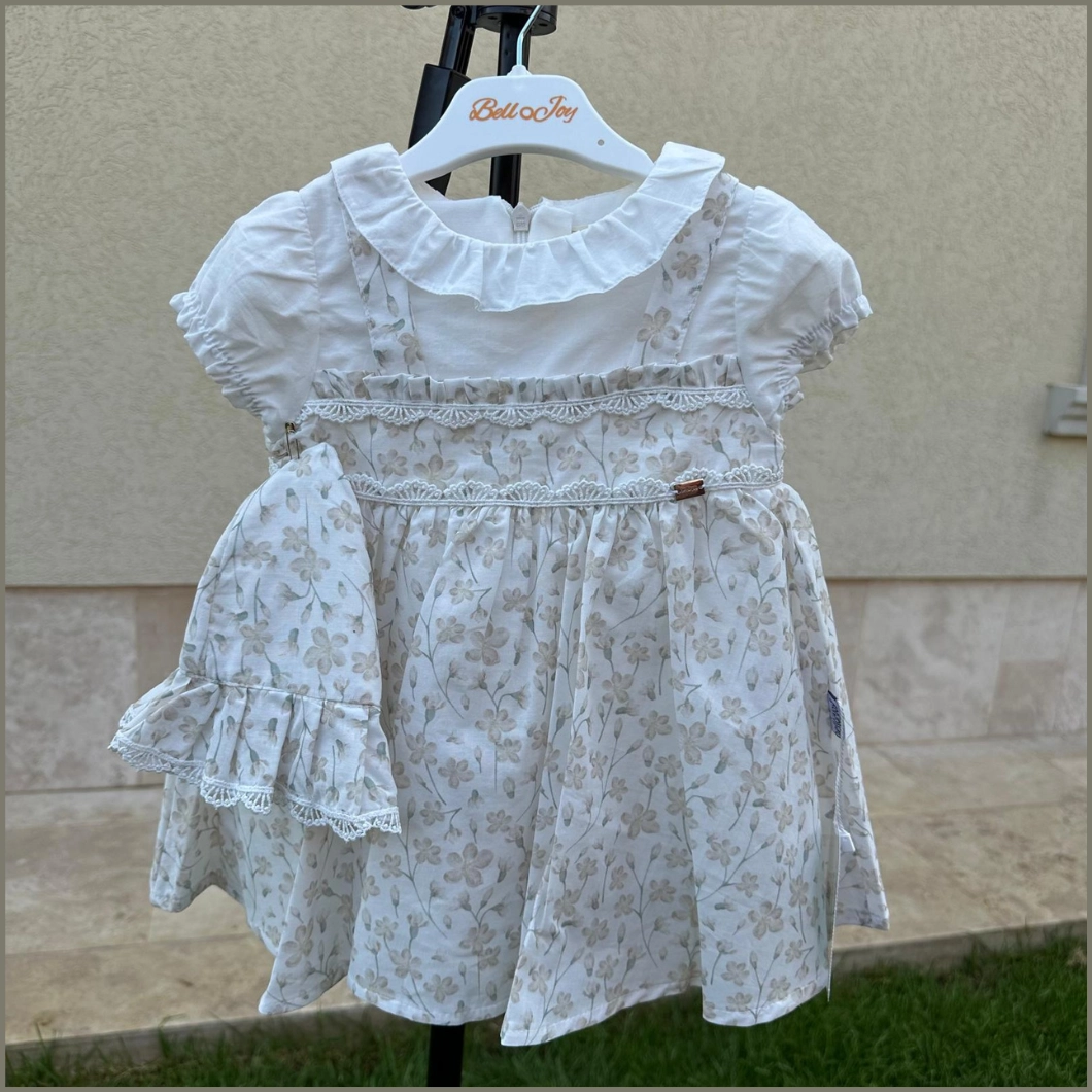Rochiță cu Pălărie Fetițe - Organza Bej, Bumbac Organic, Floral, Jupă Tulle [4]