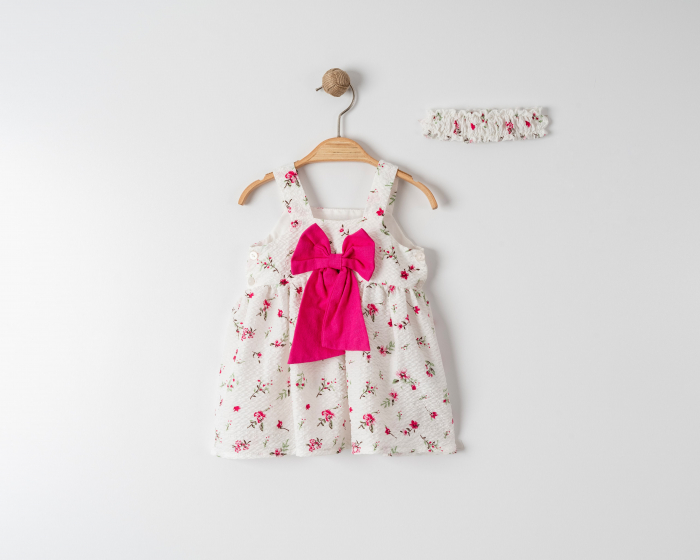 Rochiță de Vară Albă cu Imprimeu Floral și Fundă Roz - Amelie [1]