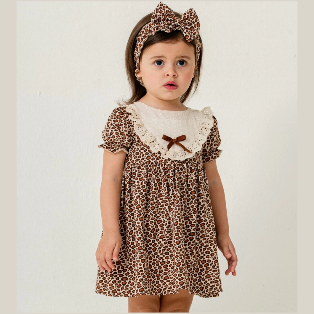 Rochie fetițe 100% bumbac cu dantelă și imprimeu leopard – Dantelli [4]