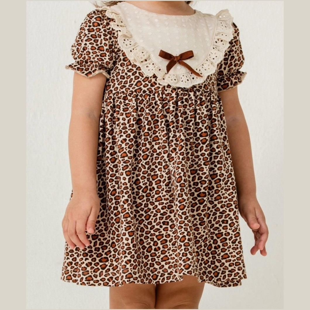 Rochie fetițe 100% bumbac cu dantelă și imprimeu leopard – Dantelli [7]