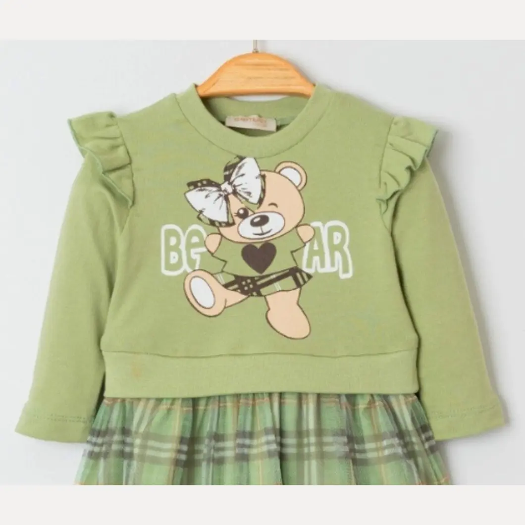 Rochiță Fetițe BurBear – Verde cu Ursuleț și Fustiță în Carouri [7]