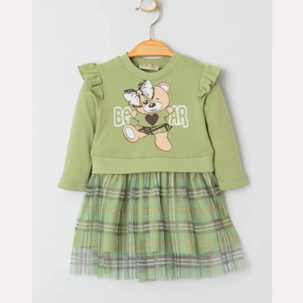 Rochiță Fetițe BurBear – Verde cu Ursuleț și Fustiță în Carouri [8]