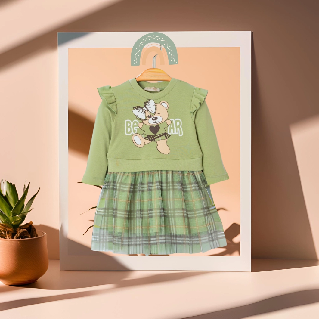 Rochiță Fetițe BurBear – Verde cu Ursuleț și Fustiță în Carouri [4]