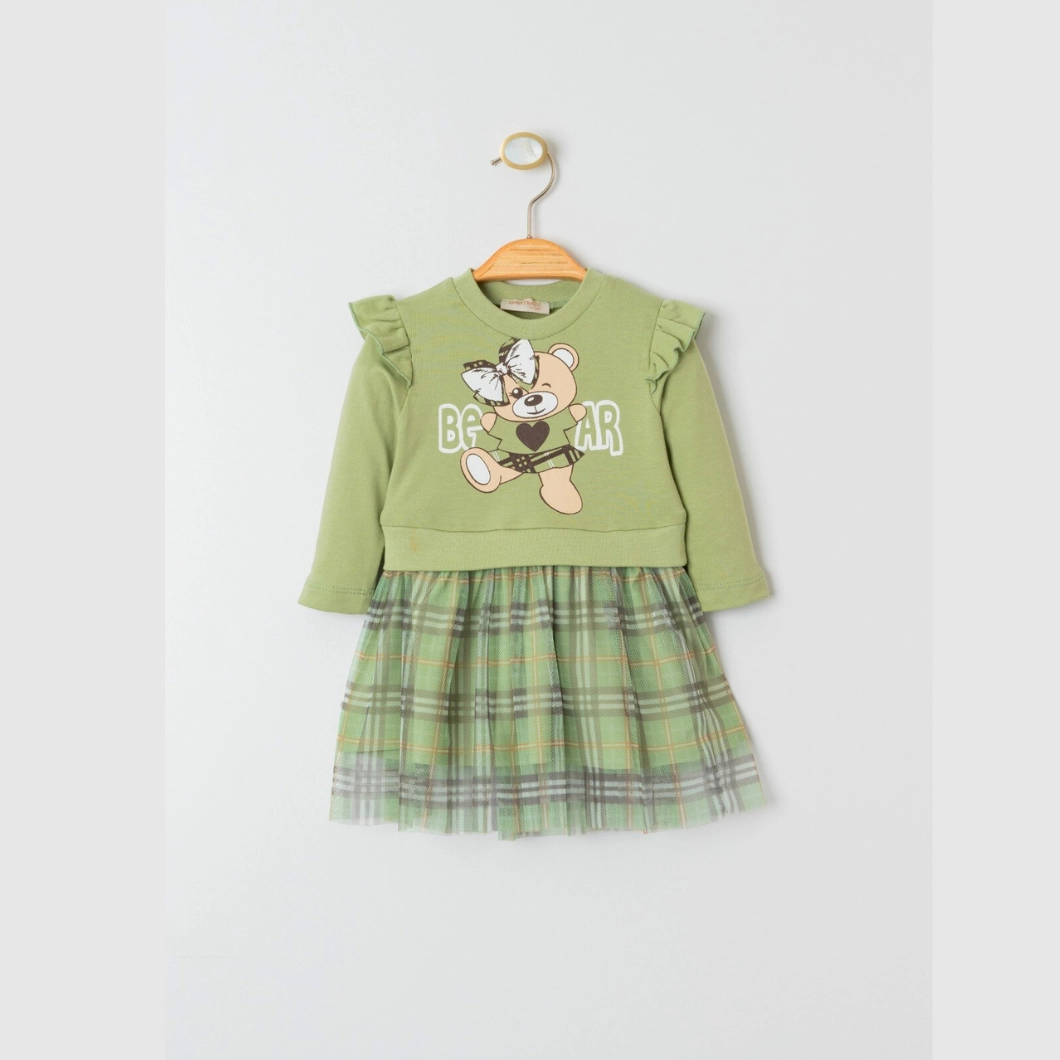 Rochiță Fetițe BurBear – Verde cu Ursuleț și Fustiță în Carouri [3]