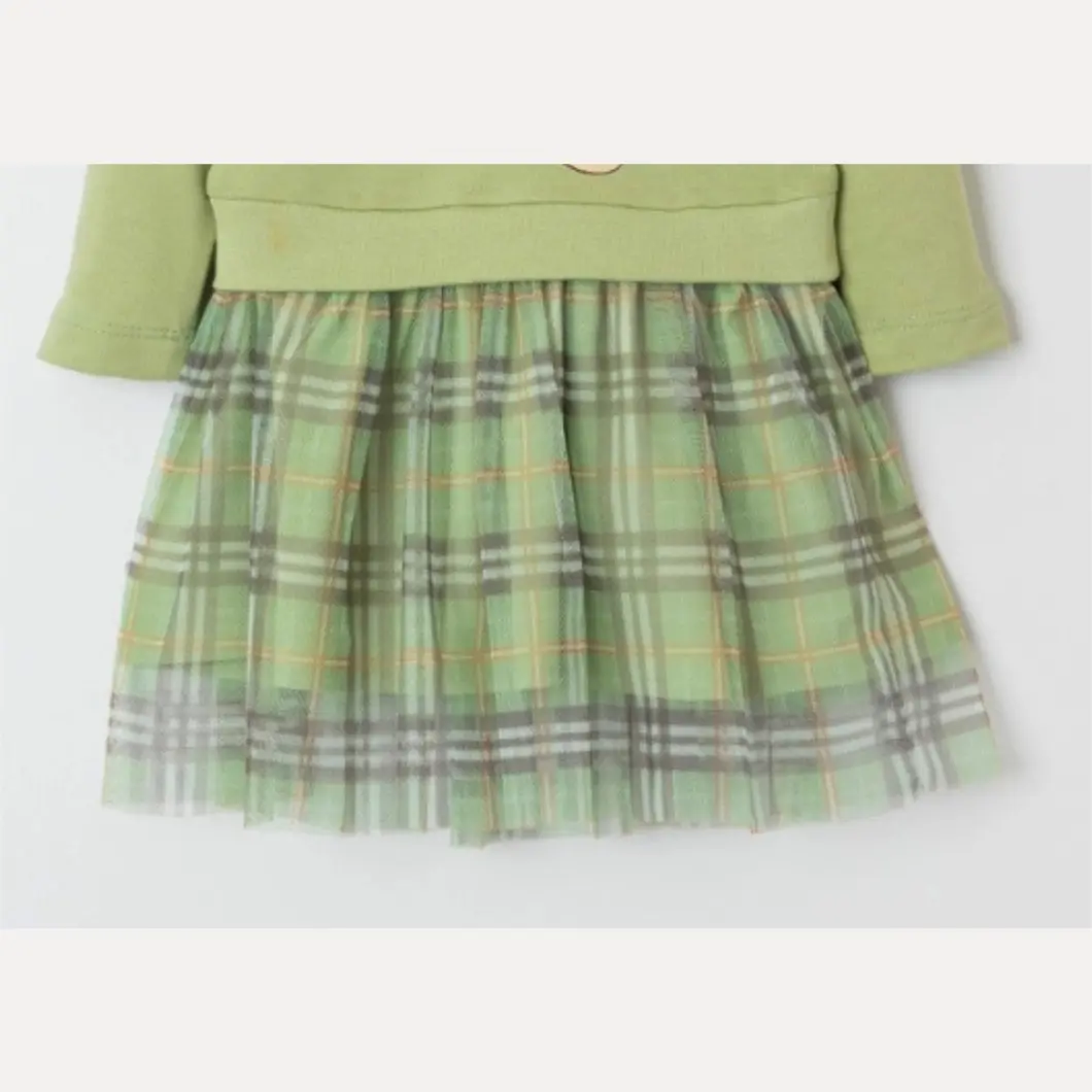 Rochiță Fetițe BurBear – Verde cu Ursuleț și Fustiță în Carouri [6]
