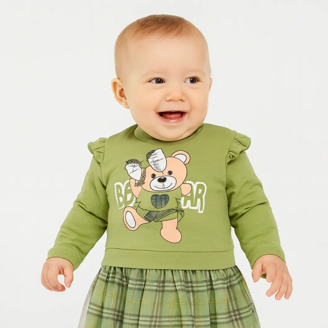Rochiță Fetițe BurBear – Verde cu Ursuleț și Fustiță în Carouri [2]