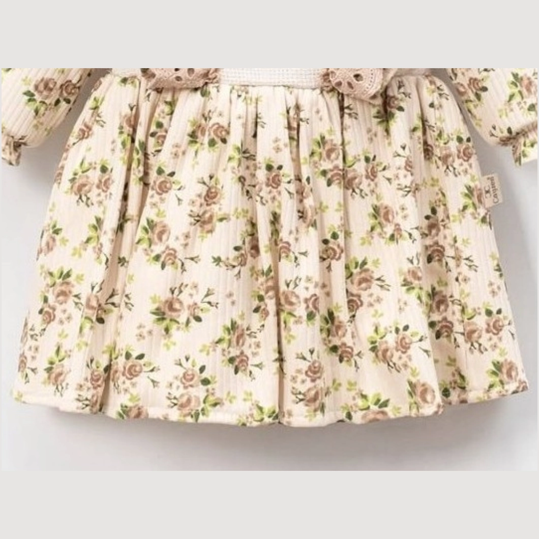 Rochiță fetițe cu volănașe, dantelă bej și imprimeu floral vintage [4]