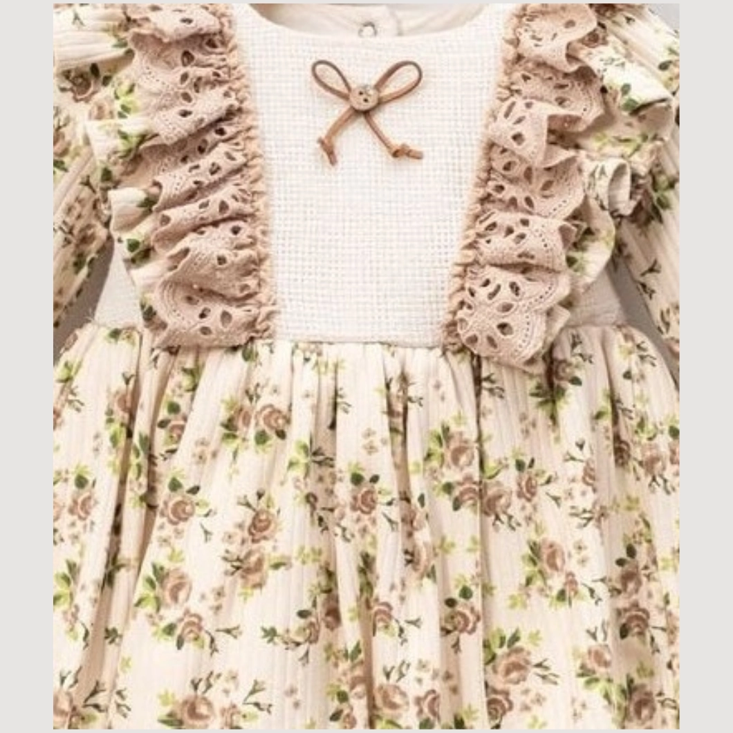 Rochiță fetițe cu volănașe, dantelă bej și imprimeu floral vintage [5]