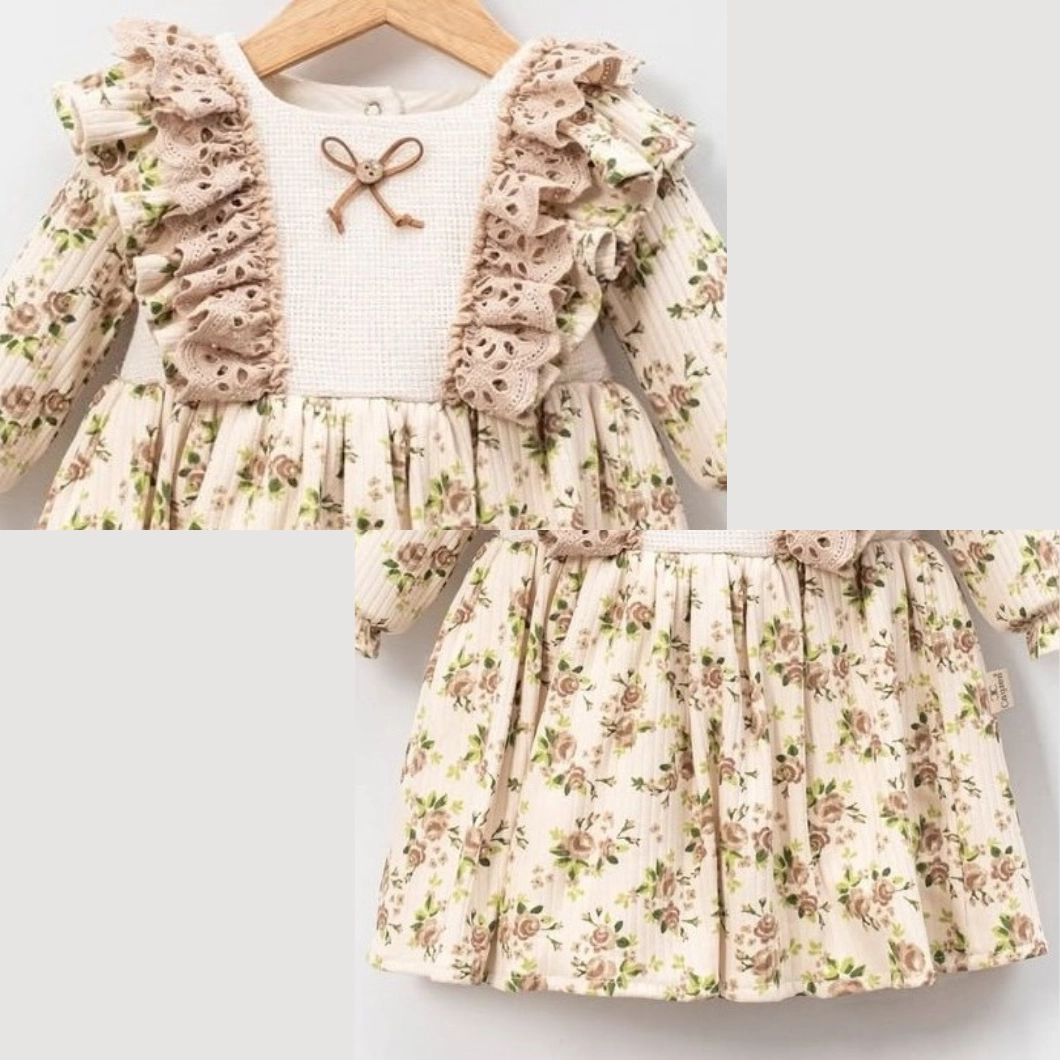 Rochiță fetițe cu volănașe, dantelă bej și imprimeu floral vintage [7]