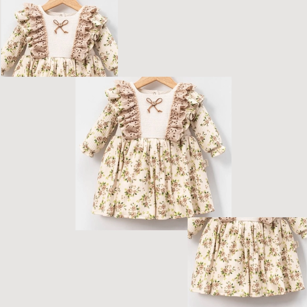 Rochiță fetițe cu volănașe, dantelă bej și imprimeu floral vintage [6]