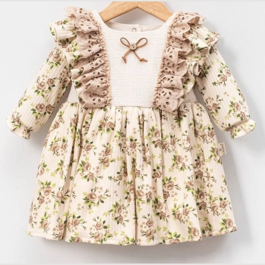 Rochiță fetițe cu volănașe, dantelă bej și imprimeu floral vintage [2]