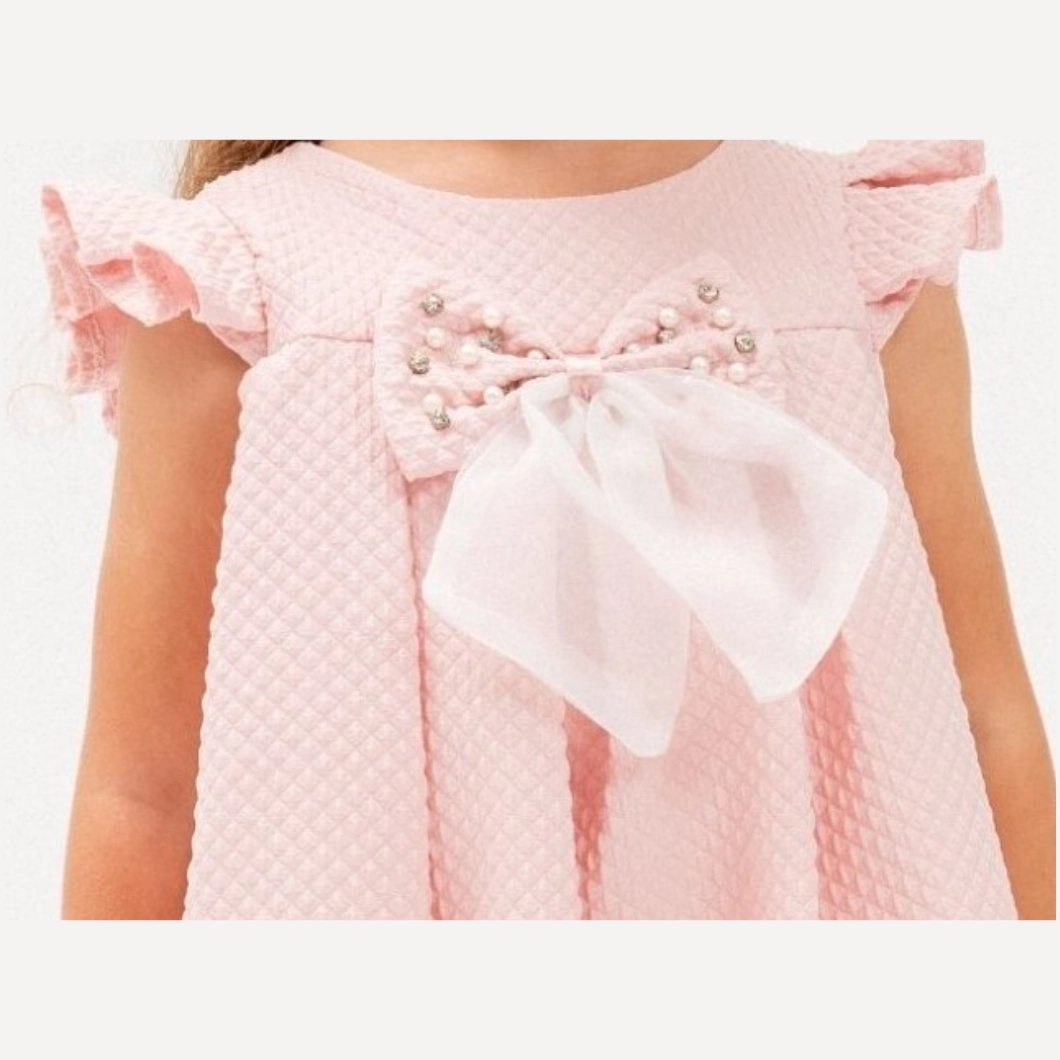 Rochiță roz elegantă bebe fetițe cu fundă și perluțe Alisson [3]