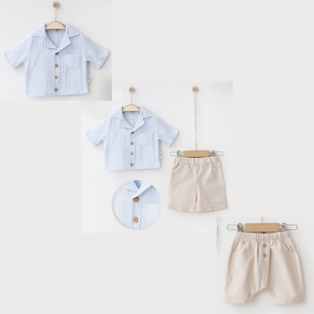 Set vară băieței din muselină cu cămașă bleu și pantaloni cappuccino [6]