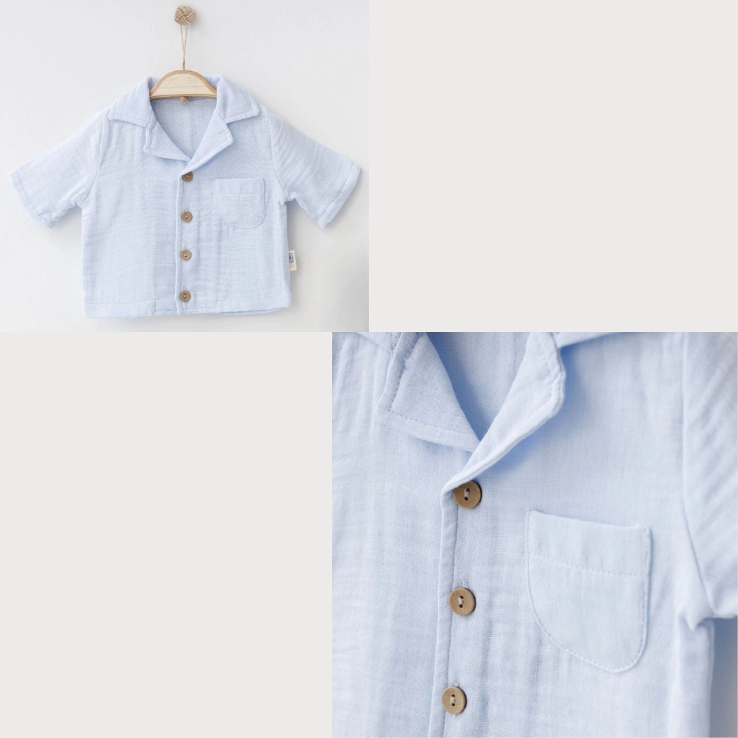 Set vară băieței din muselină cu cămașă bleu și pantaloni cappuccino [7]