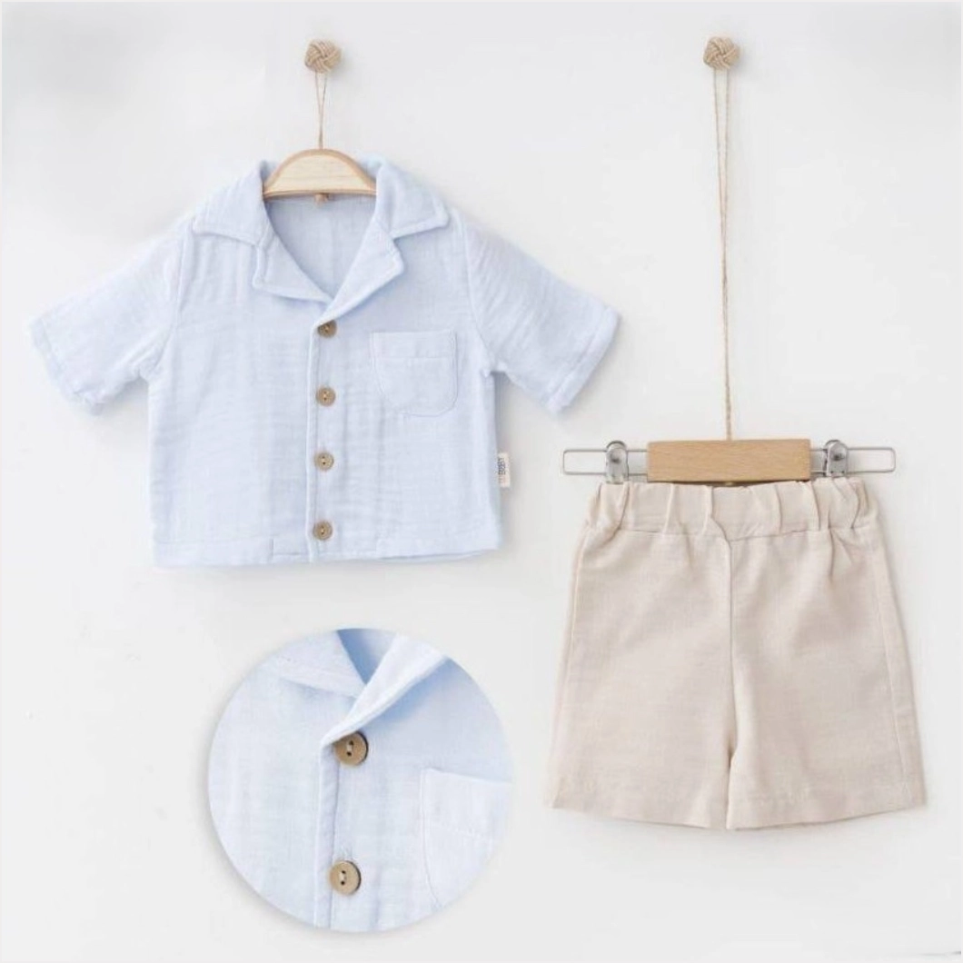 Set vară băieței din muselină cu cămașă bleu și pantaloni cappuccino [1]