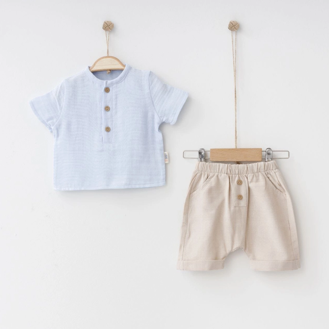 Set vară băieței din muselină cu cămașă bleu și pantaloni cappuccino [3]