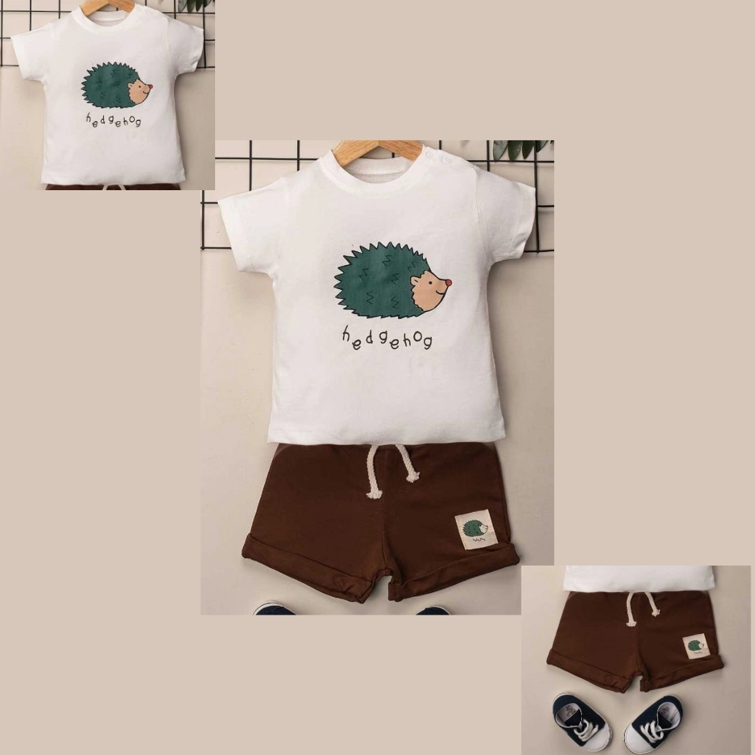 Set 2 Piese de Vară Băieței - Green HedgeHog, 100% Bumbac, Tricou și Pantaloni Scurți [6]