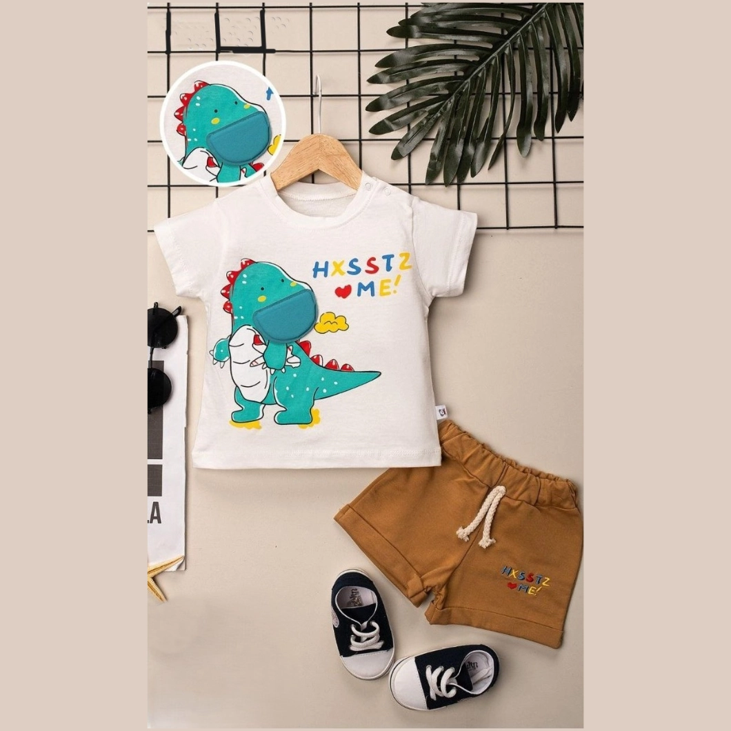 Set DinoMe Băieței Vară – Tricou Dinozaur & Pantaloni Maro [1]