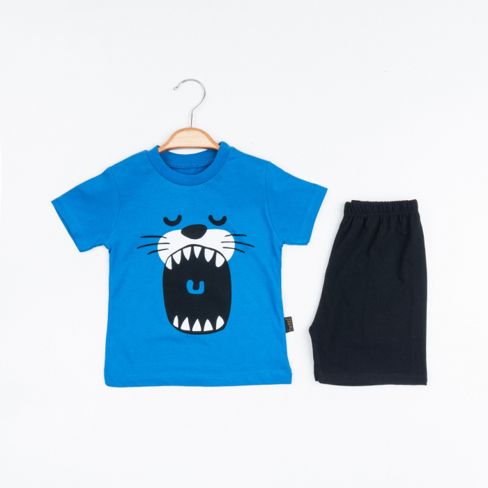 Set 2 Piese de Vară pentru Băieței Lion Mouth- Tricou Albastru  și Pantalon Scurt Negru [1]