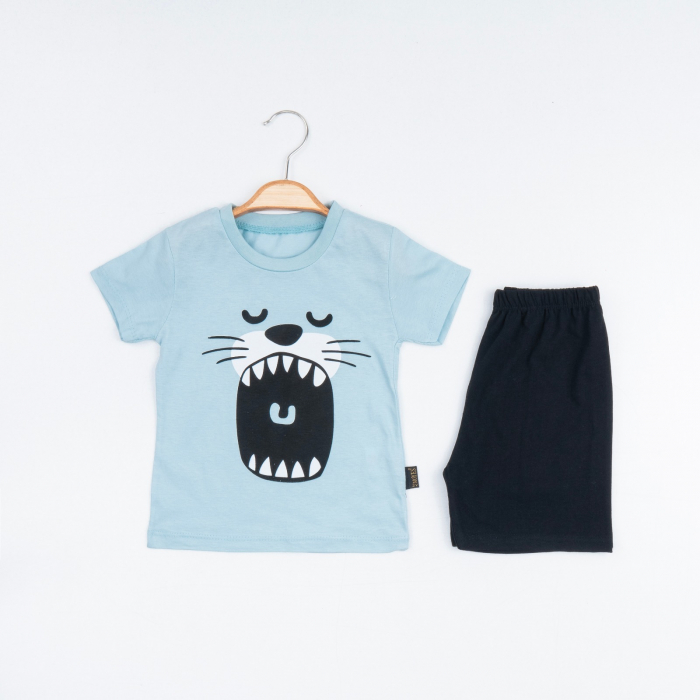 Set 2 Piese de Vară pentru Băieței Lion Mouth- Tricou bleu și Pantalon Scurt Negru [1]