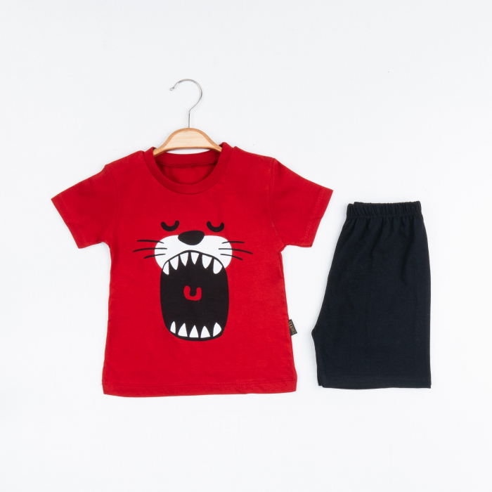 Set 2 Piese de Vară pentru Băieței Lion Mouth- Tricou roșu și Pantalon Scurt Negru [1]