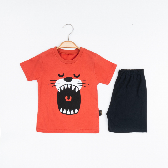Set 2 Piese de Vară pentru Băieței Lion Mouth- Tricou Orange  și Pantalon Scurt Negru [1]