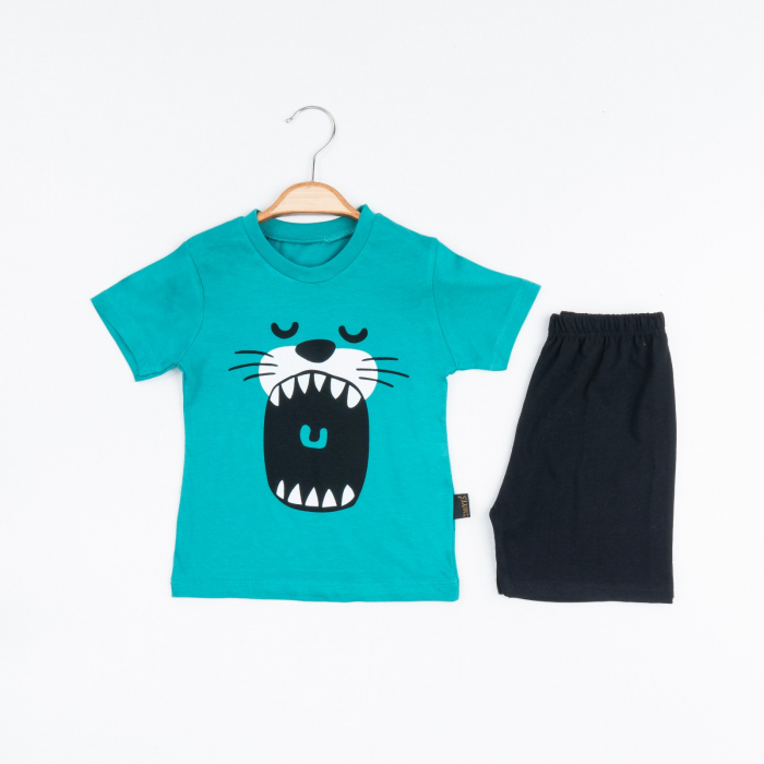 Set 2 Piese de Vară pentru Băieței Lion Mouth- Tricou Verde și Pantalon Scurt Negru [1]