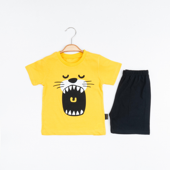 Set 2 Piese de Vară pentru Băieței Lion Mouth- Tricou galben și Pantalon Scurt Negru [1]