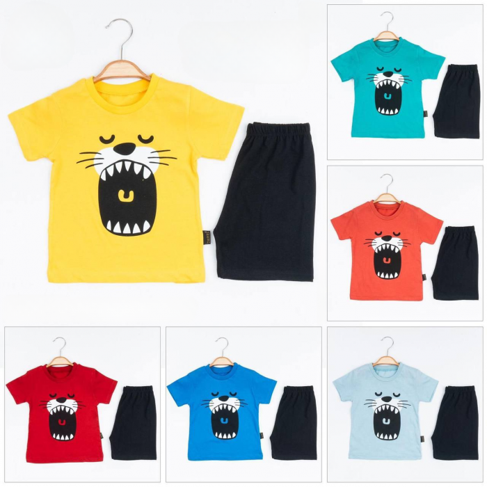 Set 2 Piese de Vară pentru Băieței Lion Mouth- Tricou galben și Pantalon Scurt Negru [2]