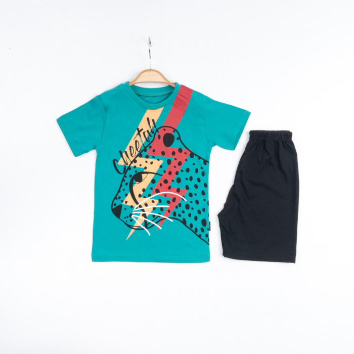 Set 2 Piese de Vară pentru Băieți Cheetah- Tricou roșu și Pantalon Scurt Negru [6]