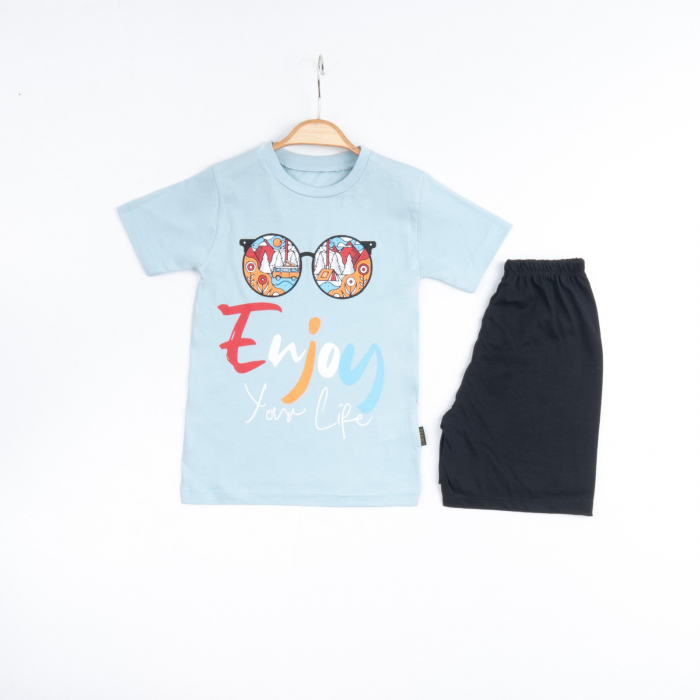 Set 2 Piese de Vară pentru Băieți Enjoy- Tricou bleu și Pantalon Scurt Negru [1]