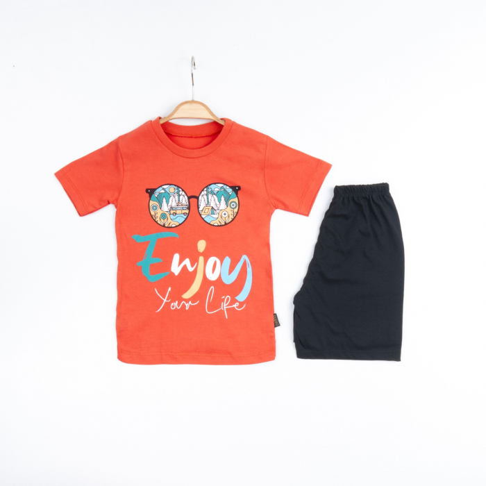 Set 2 Piese de Vară pentru Băieți Enjoy- Tricou portocaliu și Pantalon Scurt Negru [1]