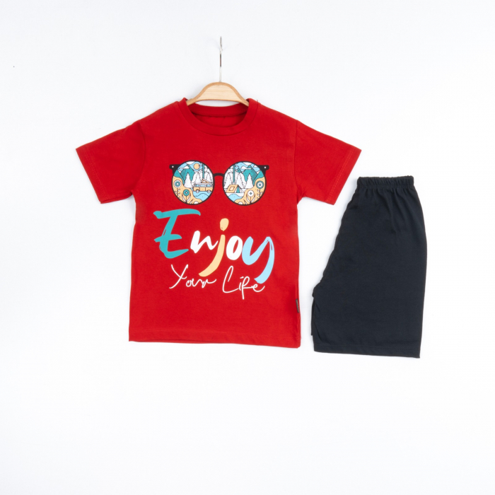Set 2 Piese de Vară pentru Băieți Enjoy- Tricou roșu și Pantalon Scurt Negru [1]