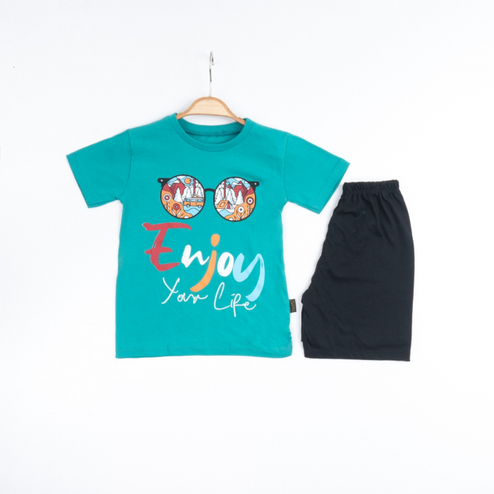 Set 2 Piese de Vară pentru Băieți Enjoy- Tricou verde și Pantalon Scurt Negru [1]