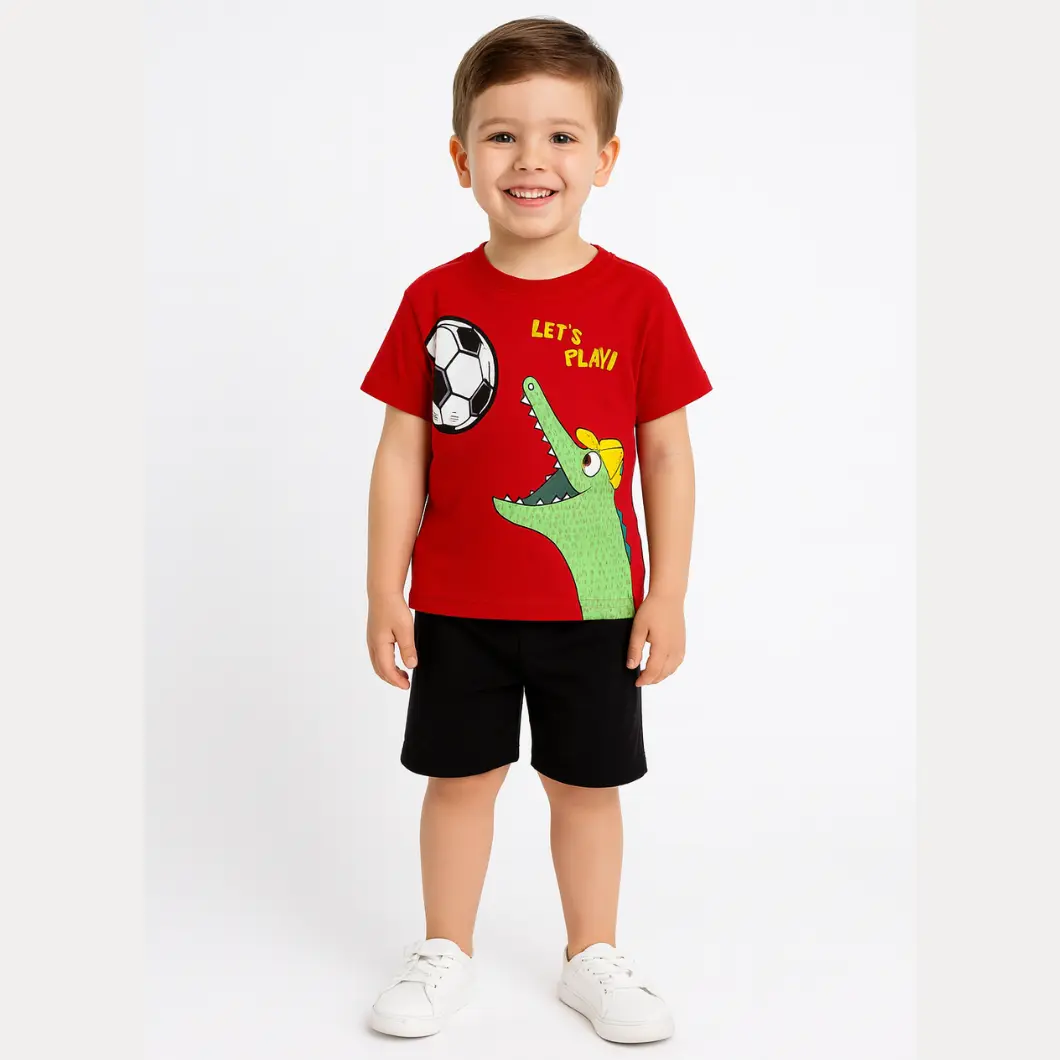 Set 2 Piese Vară pentru Băieți Croco - Tricou roșu și Pantalon Scurt Negru [1]