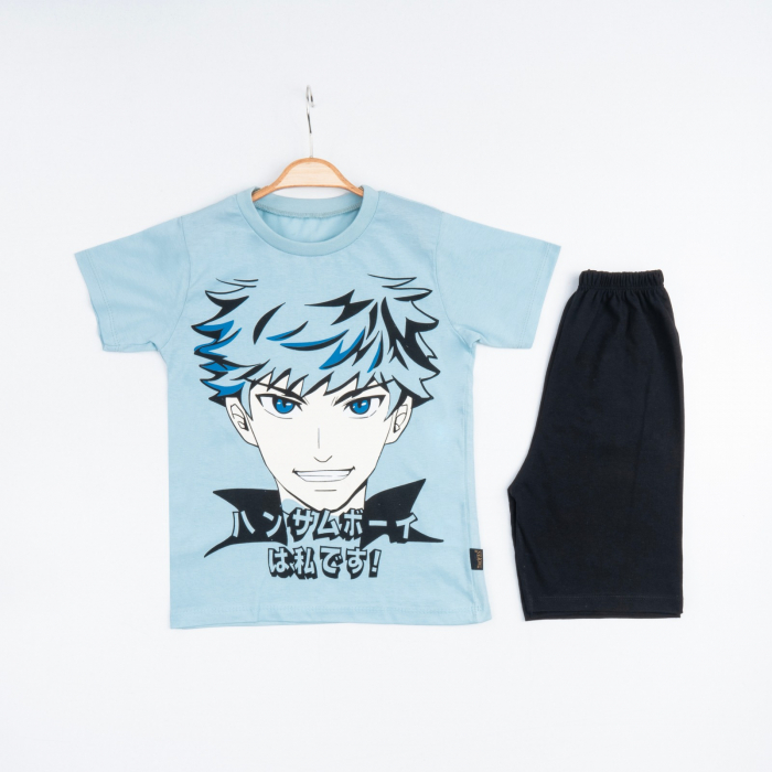 Set 2 Piese Vară pentru Băieți Japon Boy- Tricou bleu și Pantalon Scurt Negru [1]