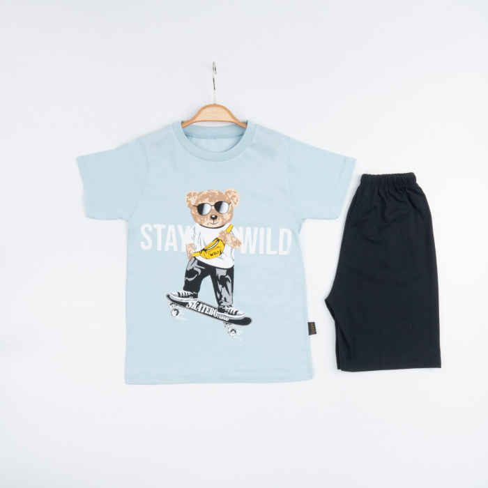 Set 2 Piese Vară pentru Băieți Skate- Tricou bleu și Pantalon Scurt Negru [1]