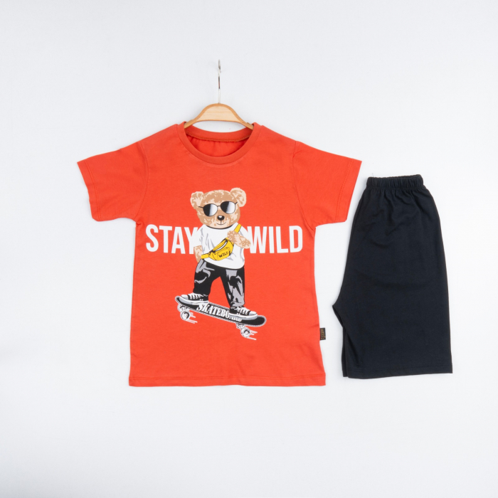 Set 2 Piese Vară pentru Băieți Skate- Tricou orange și Pantalon Scurt Negru [1]