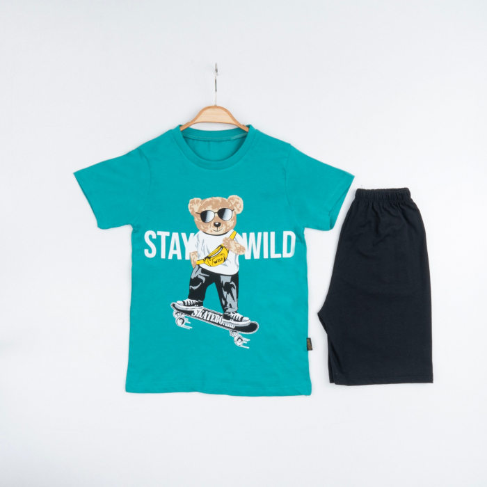 Set 2 Piese Vară pentru Băieți Skate- Tricou verde și Pantalon Scurt Negru [1]