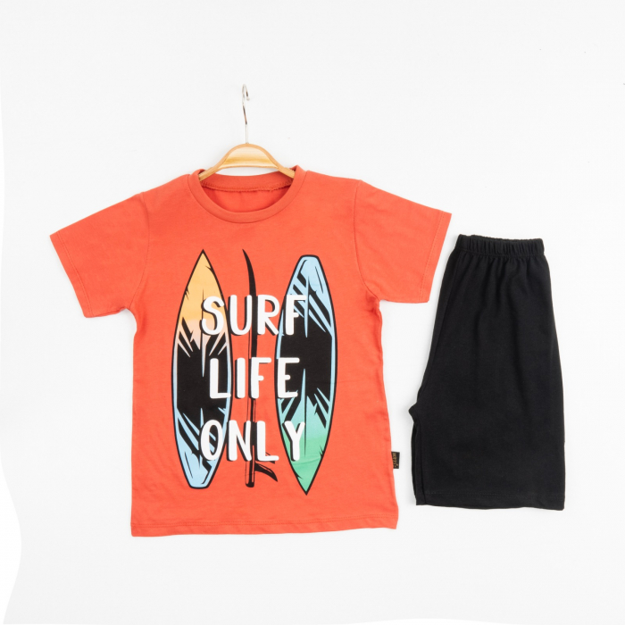 Set 2 Piese Vară pentru Băieți Surf- Tricou orange și Pantalon Scurt Negru [1]