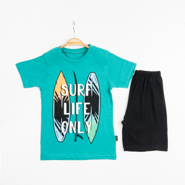 Set 2 Piese Vară pentru Băieți Surf- Tricou verde și Pantalon Scurt Negru [1]
