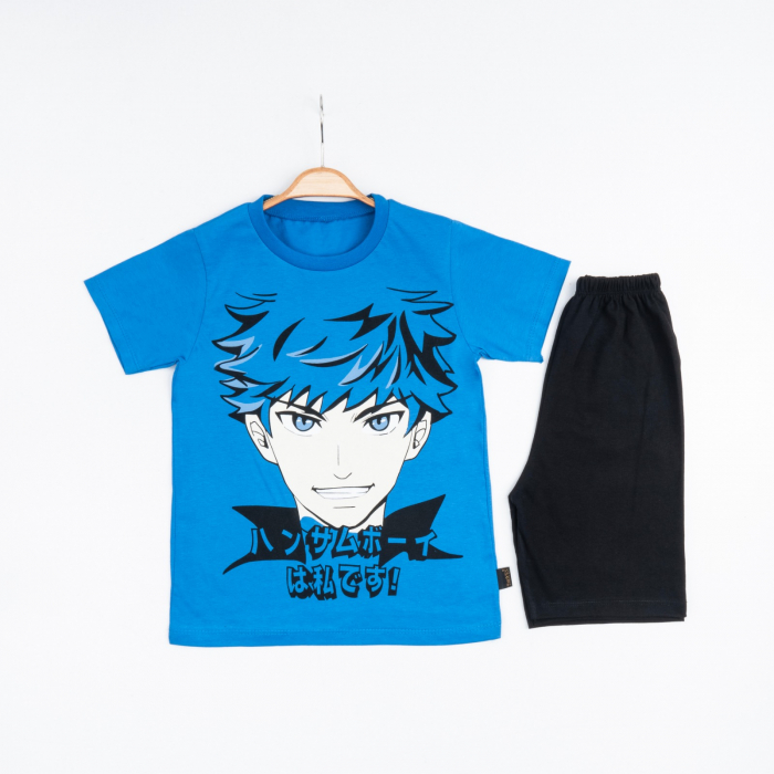 Set 2 Piese Vară pentru Băieți Japon Boy- Tricou Albastru și Pantalon Scurt Negru [1]