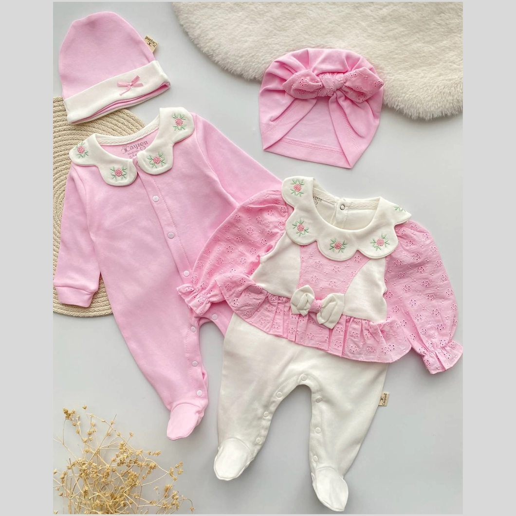 Set 2 Salopete cu Căciuliță Fetițe – Bumbac OEKO-TEX, Guler Brodat și Volănașe [4]