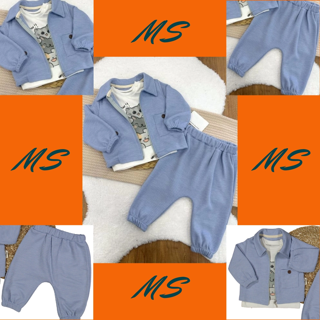 Set 3 Piese Băieței Mason, Jachetă Bleu, Tricou Alb, Pantaloni Comozi [7]