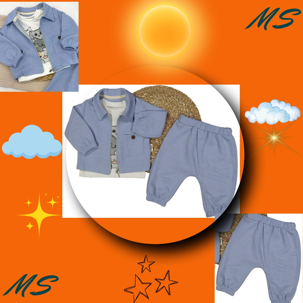 Set 3 Piese Băieței Mason, Jachetă Bleu, Tricou Alb, Pantaloni Comozi [9]