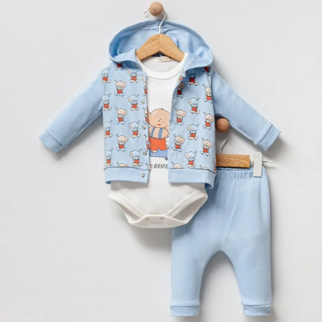 Set 100% Bumbac,3 Piese,Băieței-Elephant Fun Bleu [2]