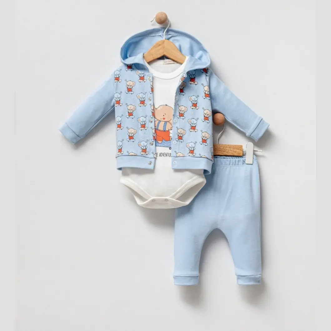 Set 100% Bumbac,3 Piese,Băieței-Elephant Fun Bleu [1]