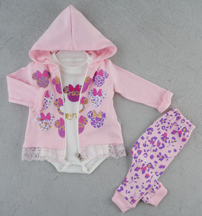 Set 3 piese fetițe – body, hanorac cu dantelă și pantaloni, roz, 70% bumbac [1]