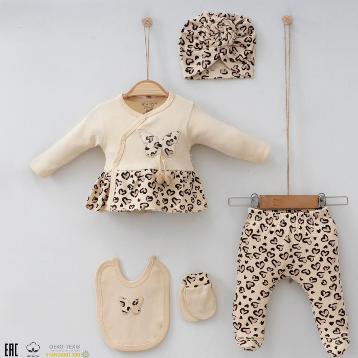 Set 5 piese fetițe – Fluturaș, Leopard, 100% Bumbac Bej [11]